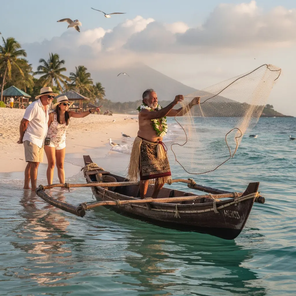 Групповая экскурсия по острову с туристами, исследующими природу.