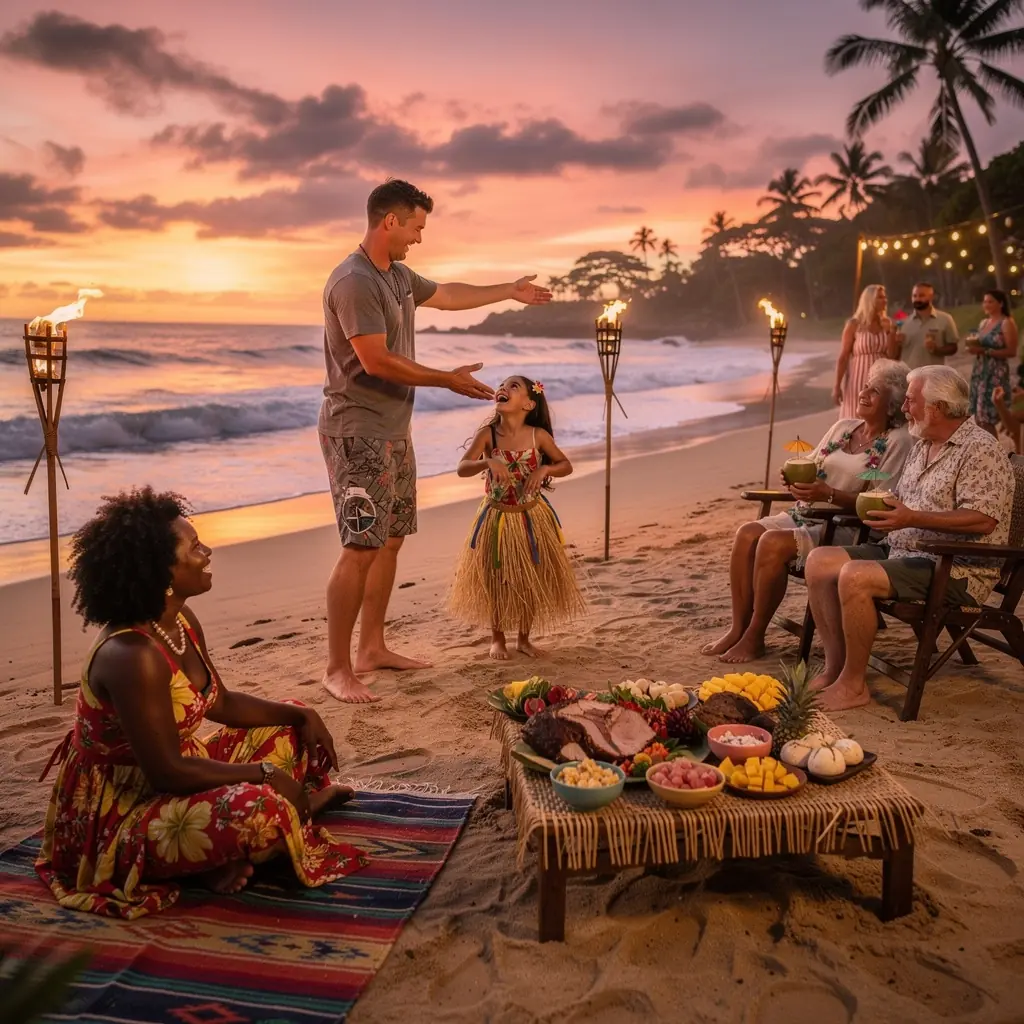 Тропический пляж с белым песком и пальмами на фоне яркого заката.