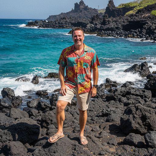 Вулканическая лава, стекающая с горы на пляж с белым песком.